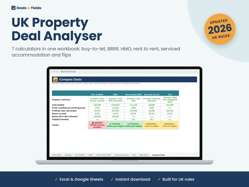 UK Property Deal Analyser (7-in-1) spreadsheet shown on a laptop